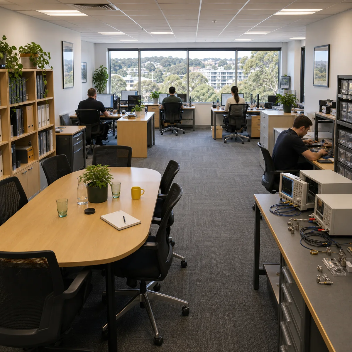 Hornsby engineering office interior with a meeting area, work desks, and RF test bench