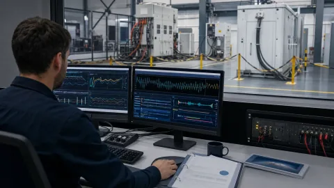 Engineer reviewing synchronized waveform evidence in a control room overlooking a protected medium-voltage test cell
