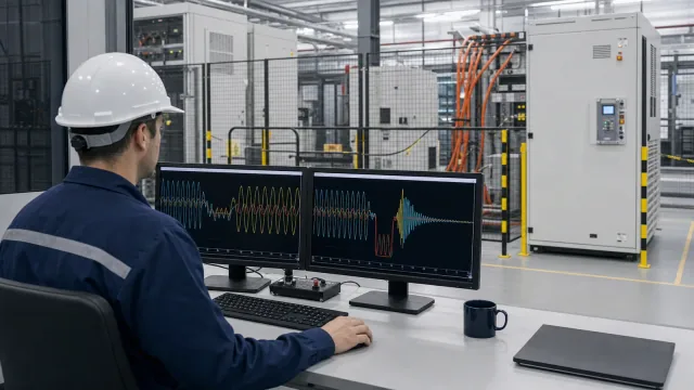 Engineer monitoring controlled voltage dip, zero-voltage and recovery waveforms in a guarded medium-voltage grid simulator laboratory