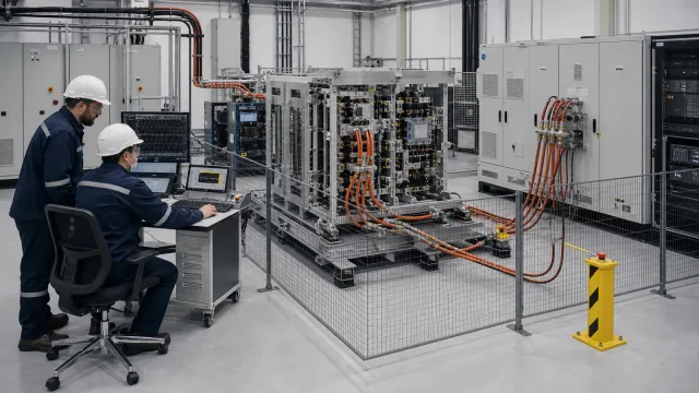 Engineers validating a modular solid-state transformer inside a guarded medium-voltage power-electronics laboratory