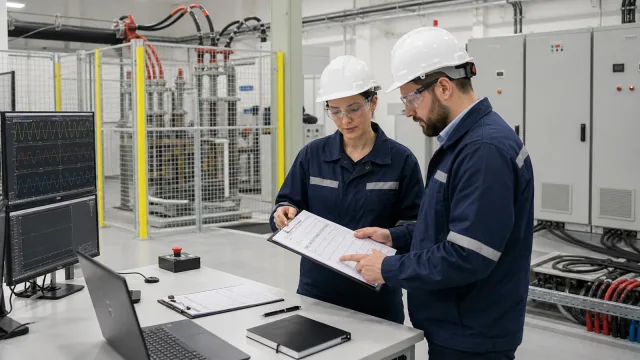 Engineers reviewing a medium-voltage grid simulator RFQ against electrical, safety, interface, and acceptance requirements