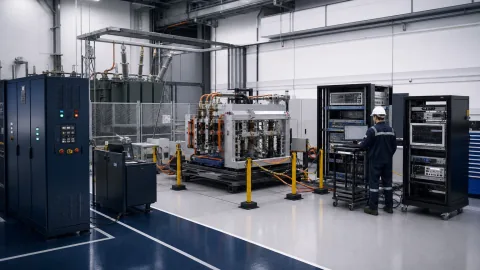 Medium-voltage power-electronics laboratory with grid-simulator cabinets, transformer equipment and independent measurement racks