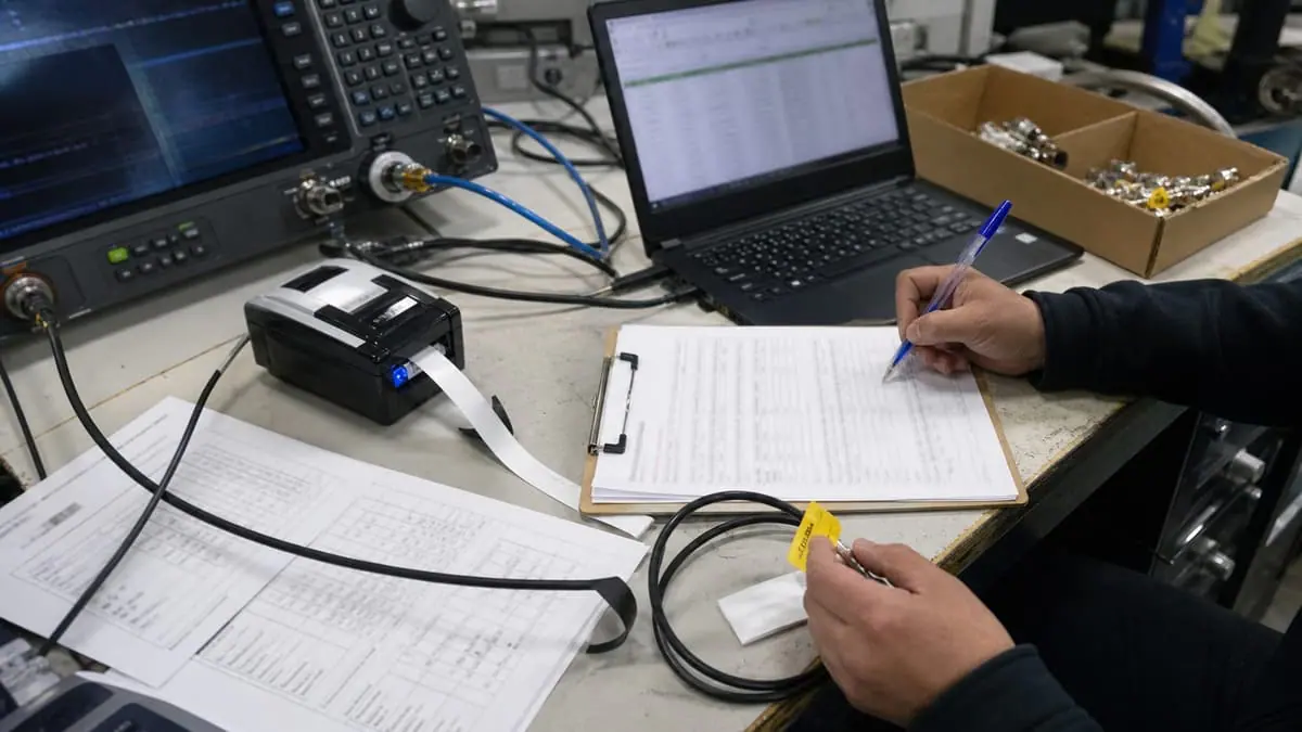 RF cable acceptance records with cable tag, bench instrument, and checklist