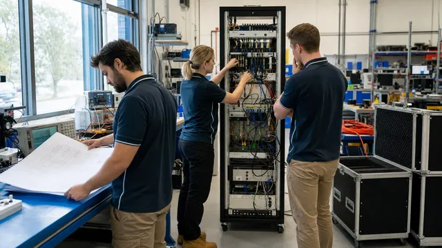 Australian engineering team preparing an automated test rack and transport cases in an electronics integration lab