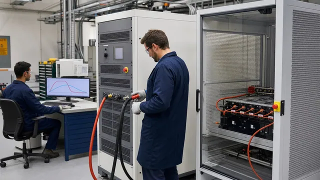 Engineers connecting a guarded battery module to a bidirectional DC source for controlled charge and discharge testing