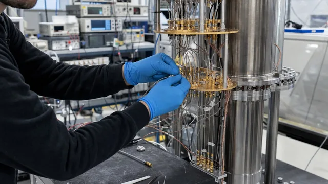 Engineer routing cryogenic RF interconnects on an open dilution refrigerator assembly
