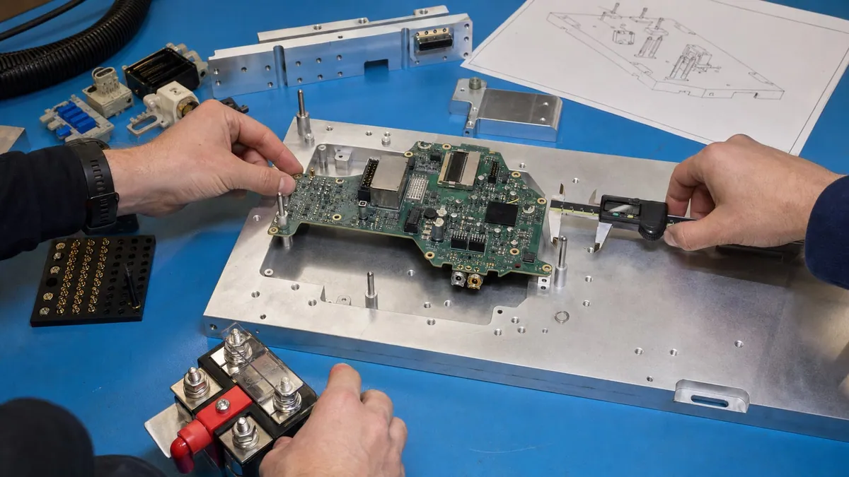 Engineers measuring a circuit board against locating pins and interface hardware while scoping a custom test fixture