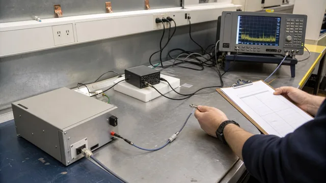 Engineer checking a conducted-emissions pre-compliance bench with a LISN and spectrum analyzer