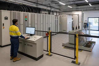 Engineer operating a guarded medium-voltage grid-simulator laboratory from a control console