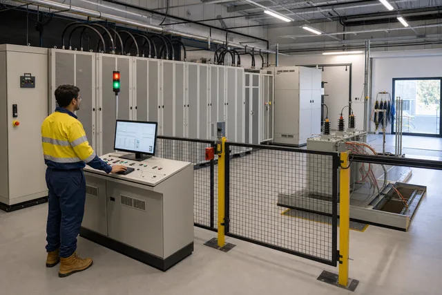 Engineer operating a guarded medium-voltage grid-simulator laboratory from a control console