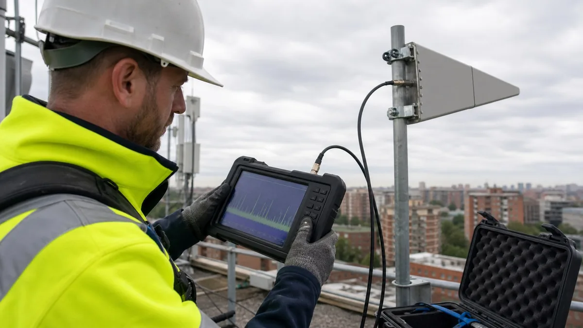 Field engineer using a handheld spectrum analyzer and directional antenna on a rooftop