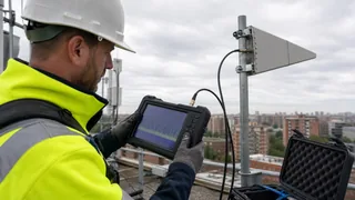 Field engineer using a handheld spectrum analyzer and directional antenna on a rooftop