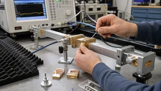 Engineer aligning precision millimetre-wave waveguide components on an RF laboratory bench