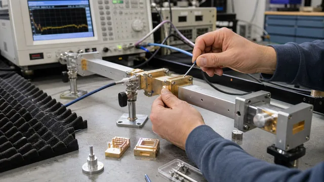 Engineer aligning precision millimetre-wave waveguide components on an RF laboratory bench