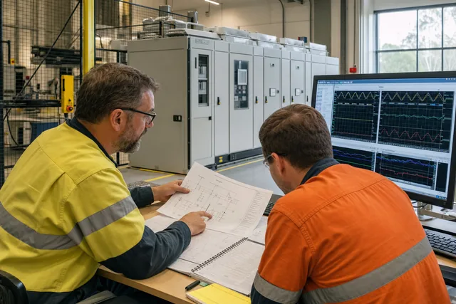 Engineers reviewing a full-power medium-voltage SST test plan beside a guarded converter laboratory