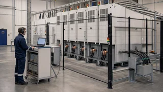 Engineer operating a guarded medium-voltage power electronics test laboratory