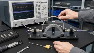 Precision RF cable routed through a repeatable bend fixture while a vector network analyzer monitors phase stability