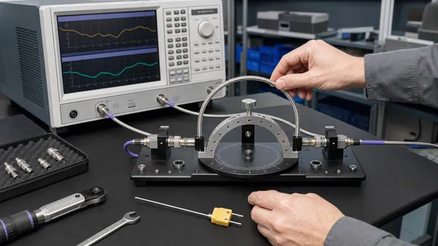 Precision RF cable routed through a repeatable bend fixture while a vector network analyzer monitors phase stability