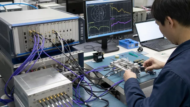 Engineer connecting a production RF fixture to a PXIe vector network analyzer bench