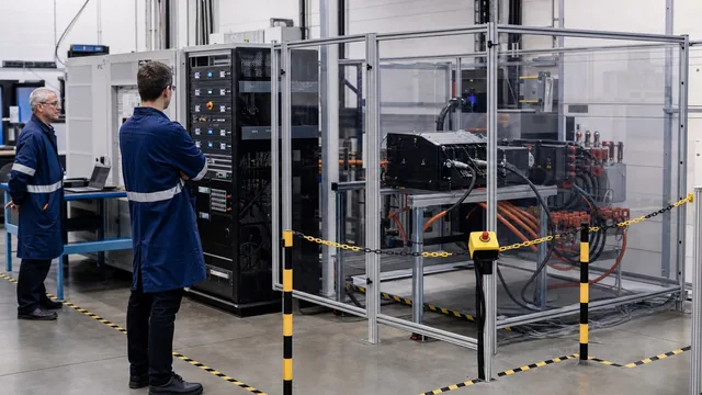 Engineers reviewing a guarded regenerative AC and DC power electronics test bench
