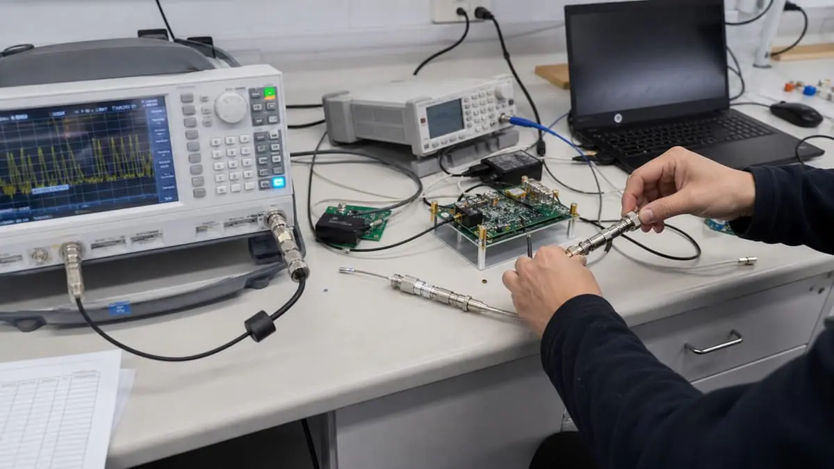 RF bench setup with spectrum analysis equipment and coax cables