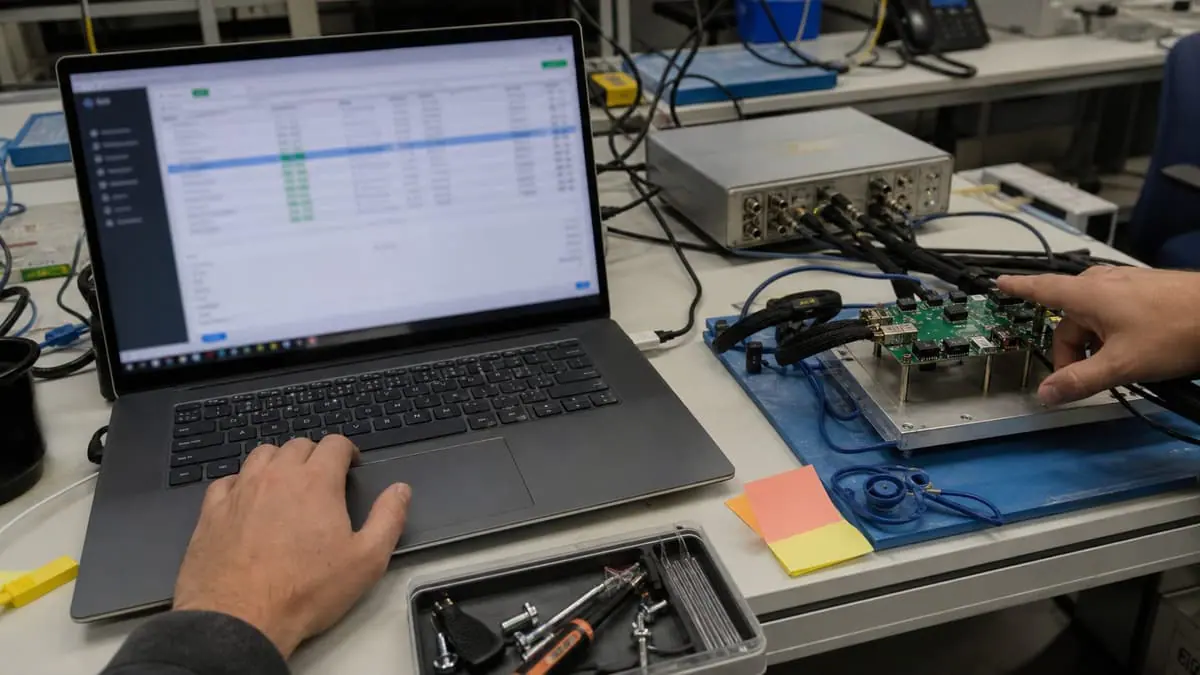 Engineering software validation bench with laptop, cabled fixture, and measurement hardware