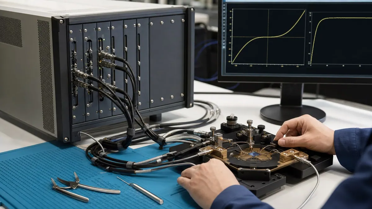 Source measure unit connected through guarded measurement cables to a semiconductor test fixture displaying current-voltage curves