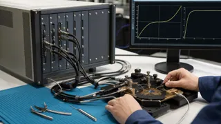 Source measure unit connected through guarded measurement cables to a semiconductor test fixture displaying current-voltage curves