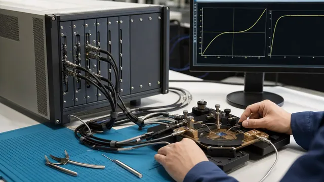 Source measure unit connected through guarded measurement cables to a semiconductor test fixture displaying current-voltage curves