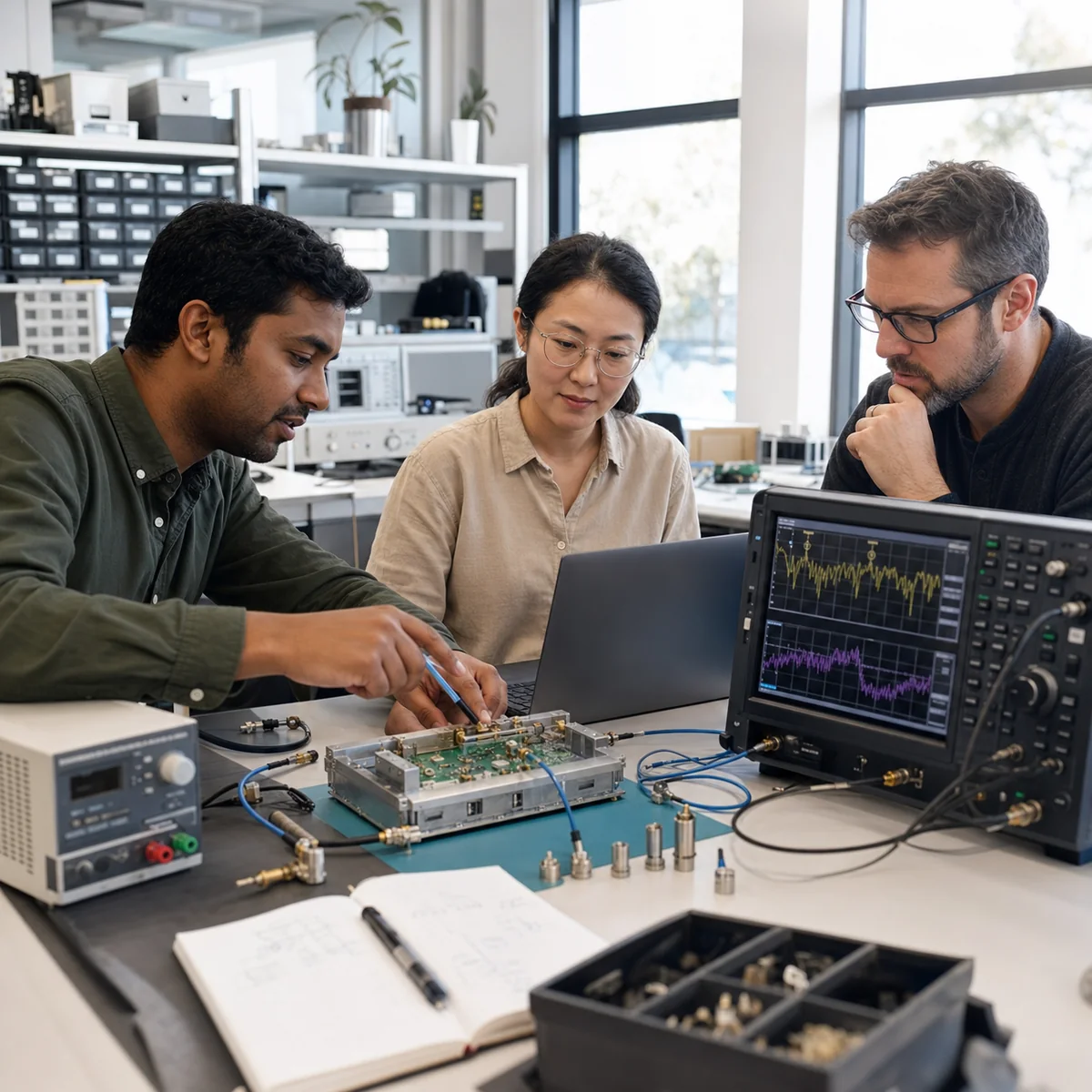 Engineering support team reviewing RF measurements at an electronics laboratory bench