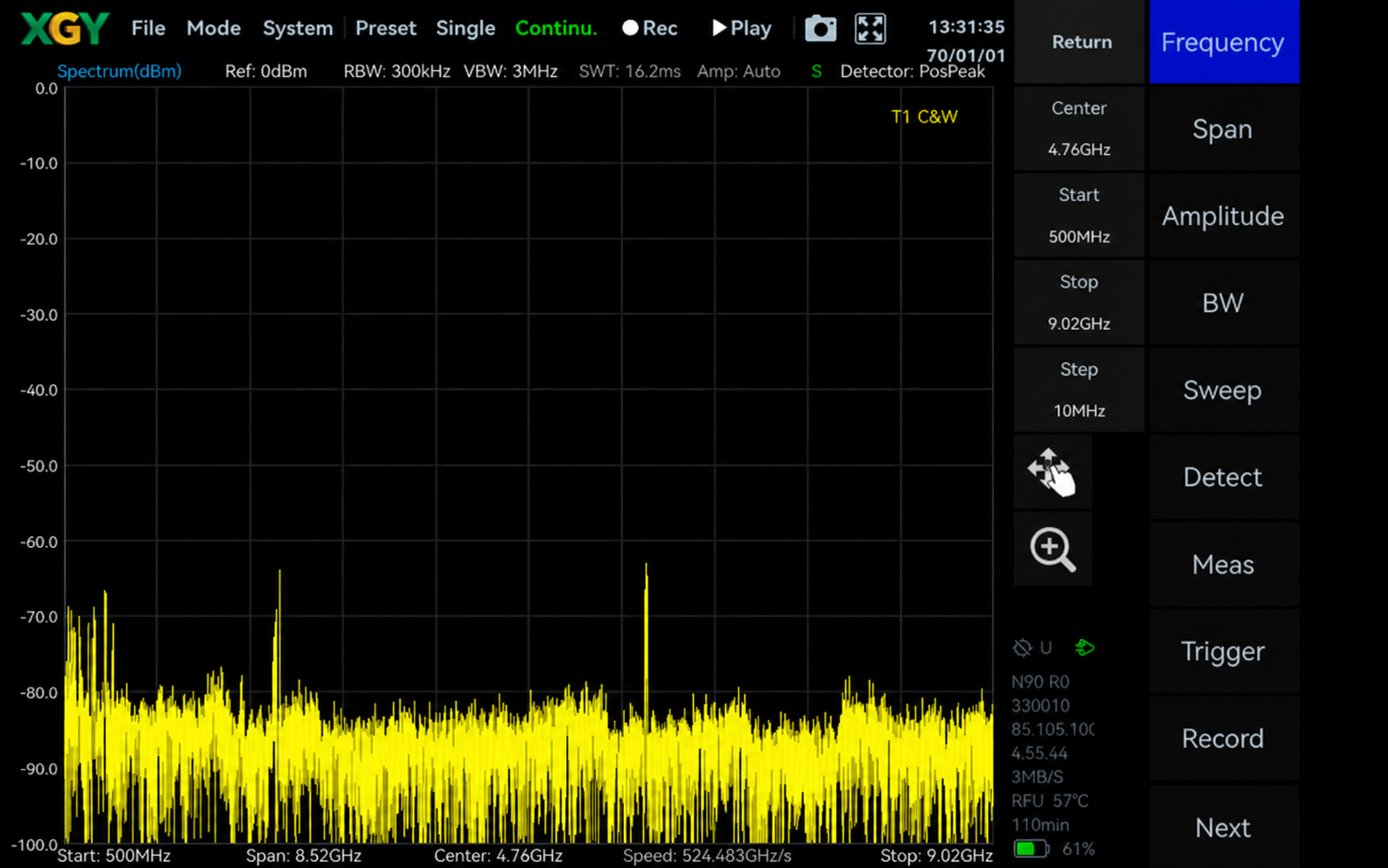 YSA-P400 antenna connection status and working mode interface