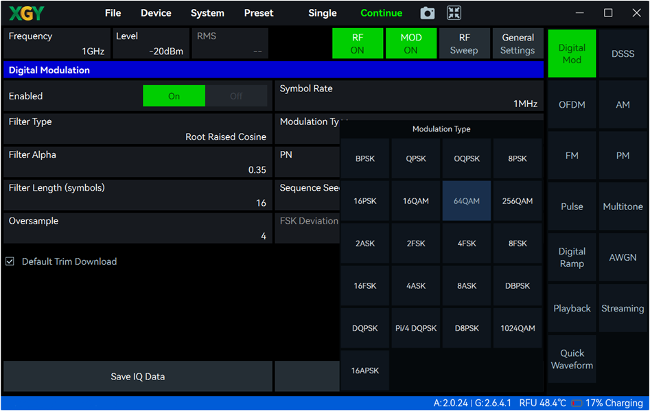 YSG-H060 SGStudio digital modulation signal output screen